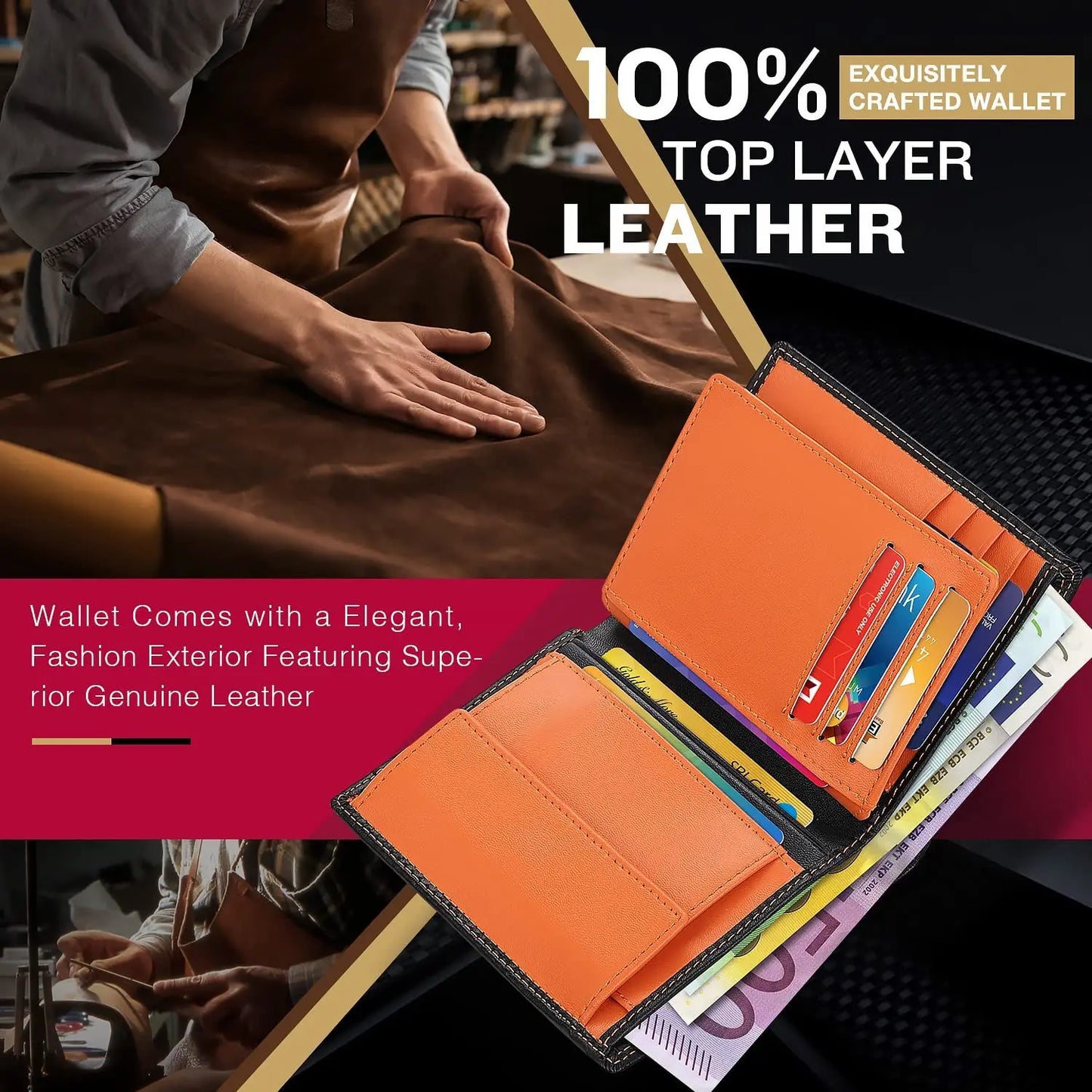 Men's RFID-Blocking Genuine Leather Wallet featuring 12 Credit Card Slots, Coin Pocket, 2 Banknote Compartments, and an ID Windo