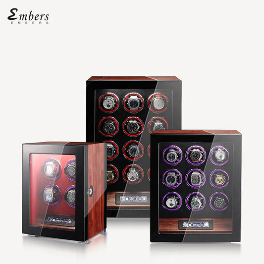 Embers Wooden Watch Winder 9 Watches Box Storage Collect Vertical Shaker Mechanical Watch Winding Touch Screen With Fingerprint