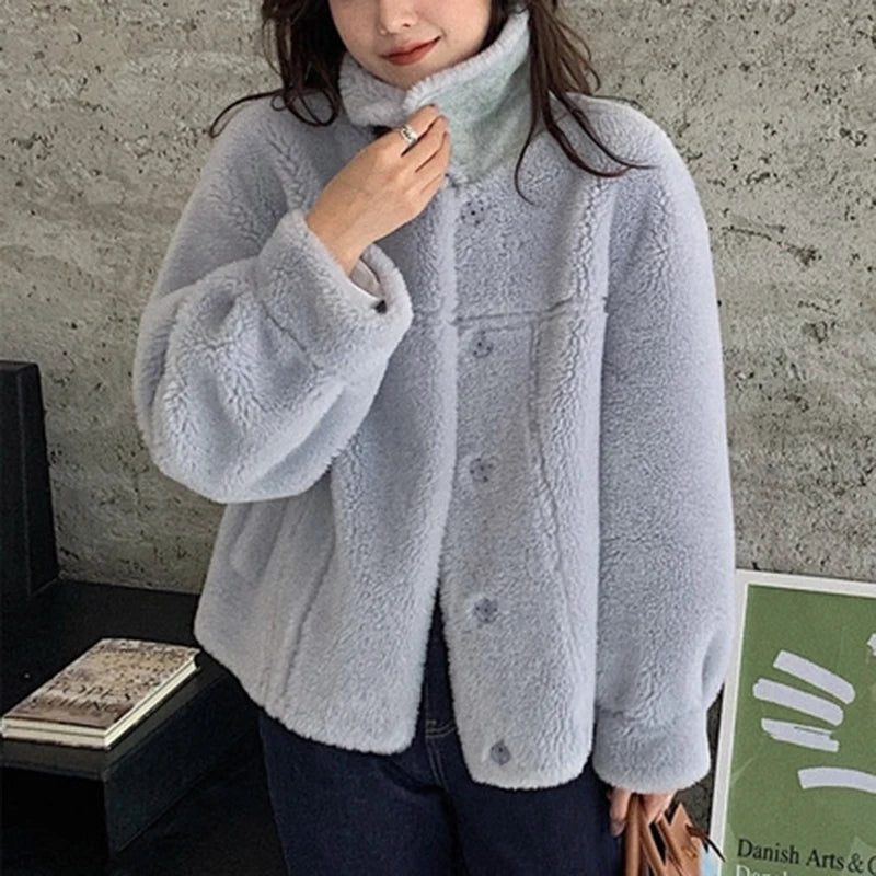 100% Wool Coat 2024 Autumn Winter Women Solid Lamb Fur Jacket Mujer One Fur Thick Warm Korean Sheep Shearing Short Manteau Femme