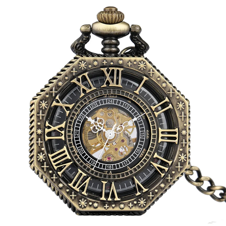 Antique Bronze/Black/Silver/Red Copper Octagon Hollow Roman Numerals Mechanical Pocket Watch Hand Winding Pendant Pocket Clock