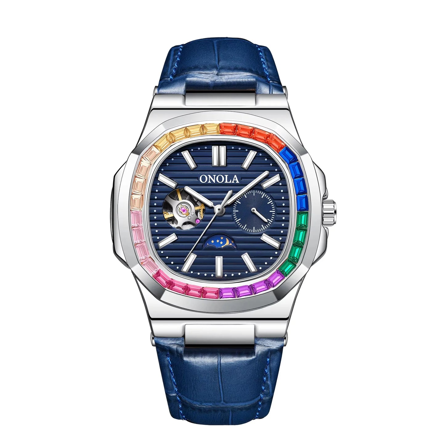 ONOLA 3855CH Fashion Colorful Diamond Hollow Fully Automatic Mechanical Men's and Women's Watches Waterproof Leather Men's Clock