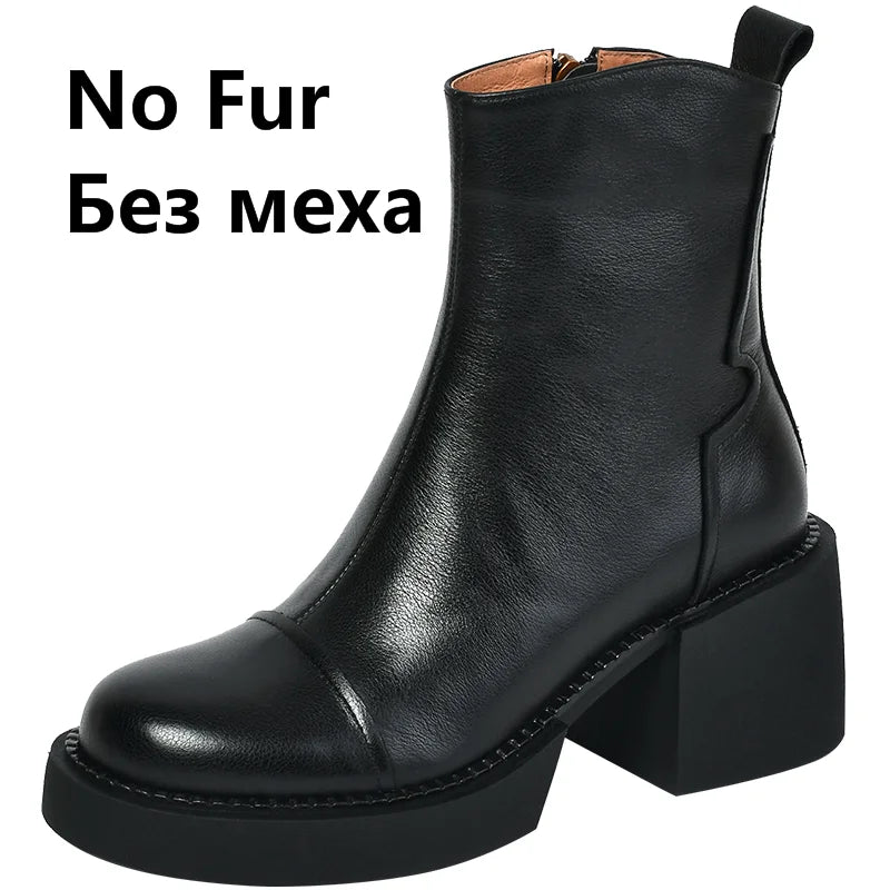 FEDONAS Retro Mature Female Concise Women Ankle Boots Genuine Leather Thick Heels Autumn Winter Side Zipper Office Shoes Woman