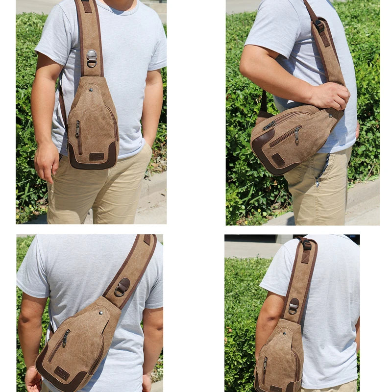 YoReAi  Men's Messenger Bag Outdoor Khaki Fashion Canvas Leather Satchel Sling   Cross Body  Chest Packs