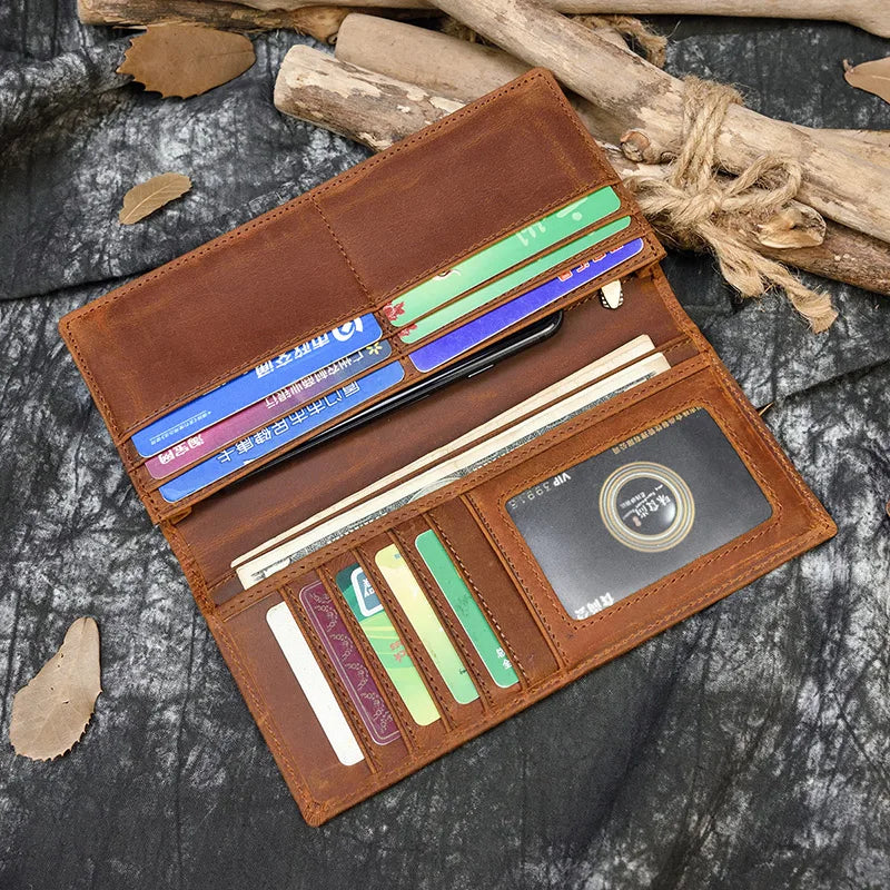 Luufan High Quality Genuine Leather Long Wallet Bifold Men Purse With Photo Coin Business Card Slot Leather Male Wallet Brown