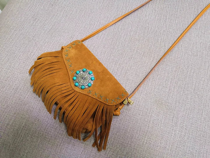 Female Genuine Leather Bohemian Gypsy Handbag 2025 Fashion Natural Suede Fringes Tribal Boho Chic Small Messenger Bag for Women