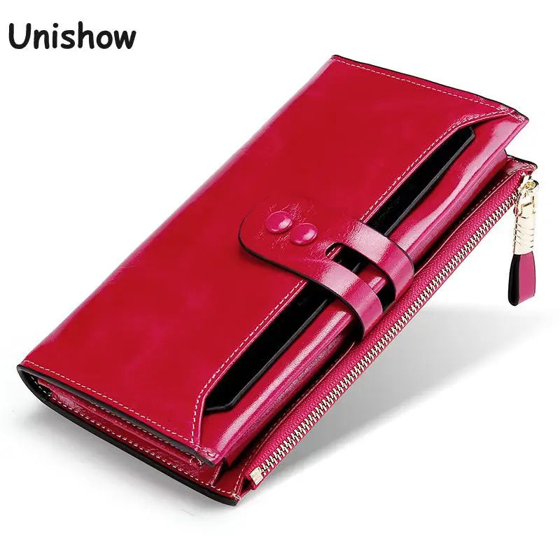 RFID Blocking Genuine Leather Women Wallet Long Lady Leather Purse Brand Design Luxury Oil Wax Leather Female Wallet Coin Purse