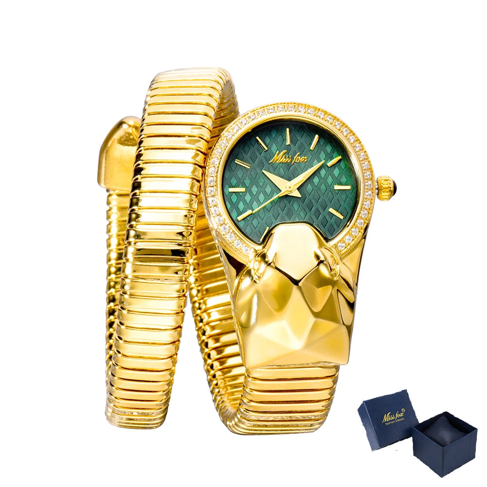 MISSFOX Snake Shape Diamond Watch For Women Luxury Brand Red Dial Ladies Gold Iced Out Watch Analog Quartz Movt Unique Watch