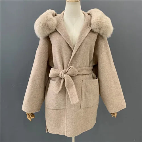 2024 Real Fur Coat Hood Winter Jacket Women 100% Natural Fox Fur Collar Cuffs Cashmere Wool Blend Oversize Outerwear New Loose