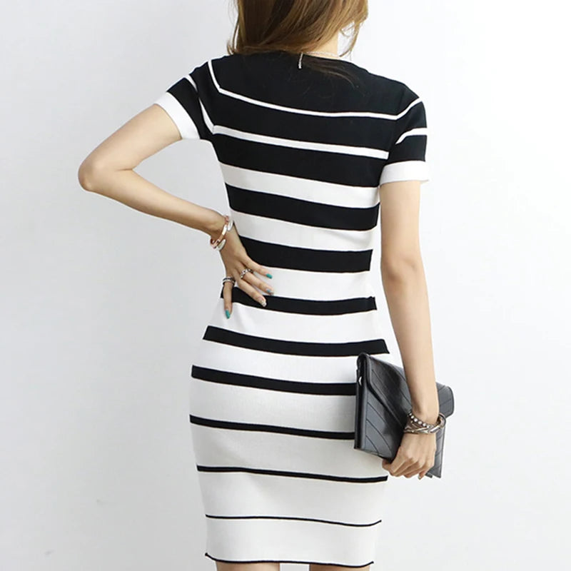 H Han Queen New Autumn Summer Women Vintage Stripe Knitted Dresses Office Bodycon Pencil Sheath Dress Simple Bottoming Vestidos