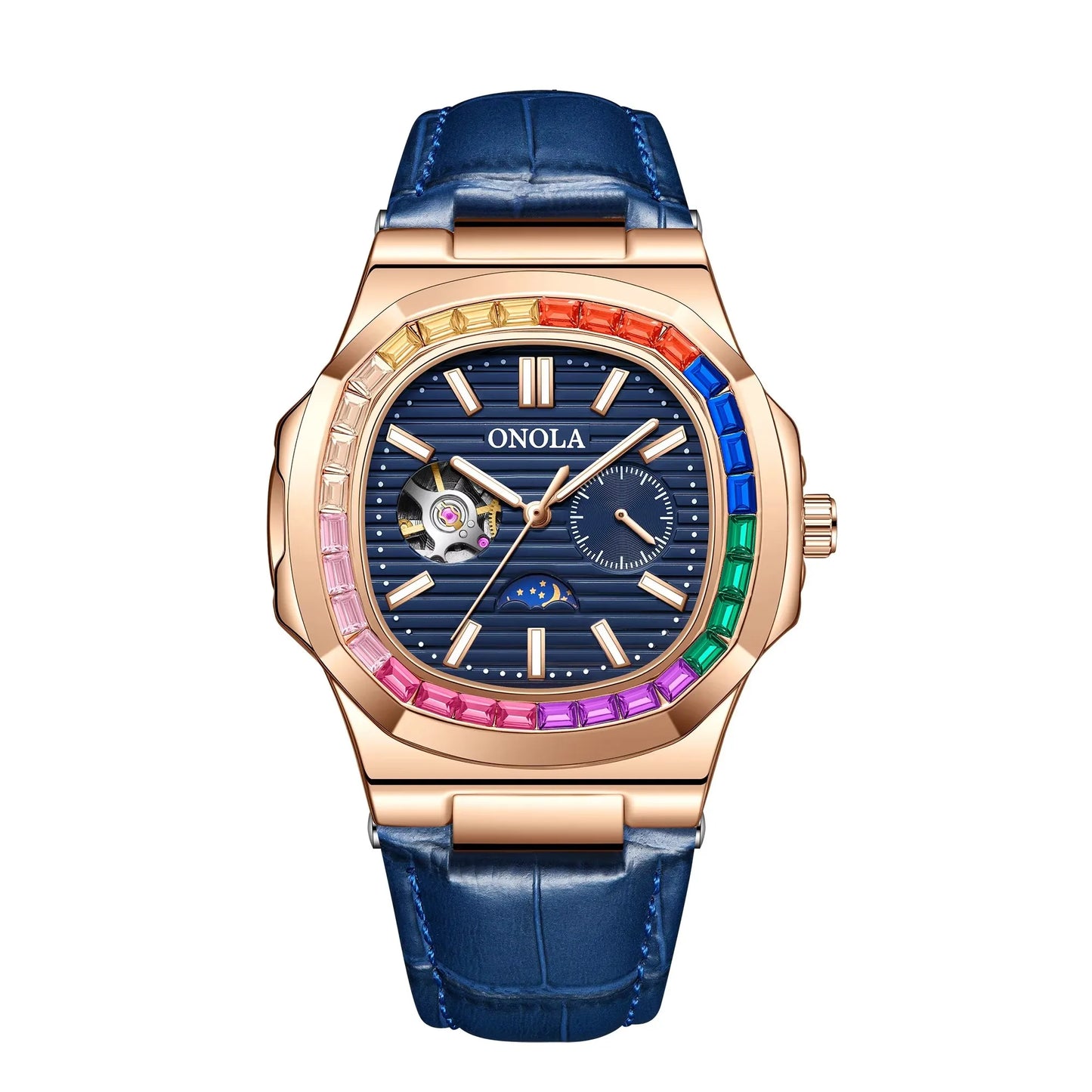 ONOLA 3855CH Fashion Colorful Diamond Hollow Fully Automatic Mechanical Men's and Women's Watches Waterproof Leather Men's Clock