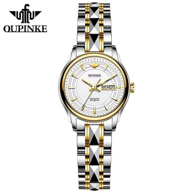 OUPINKE 3170 Women's Watches Fashion Tungsten Steel Strap Waterproof Dual Calendar Ladies Wristwatches Automatic Mechanical Watch