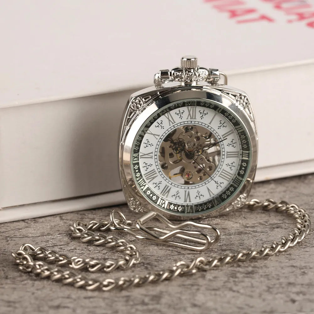 Silver Roman Numeral Square Dial Mechanical Hand Winding Pocket Watch Open Face Elegant Retro Pendant Manual Mechanism Timepiece