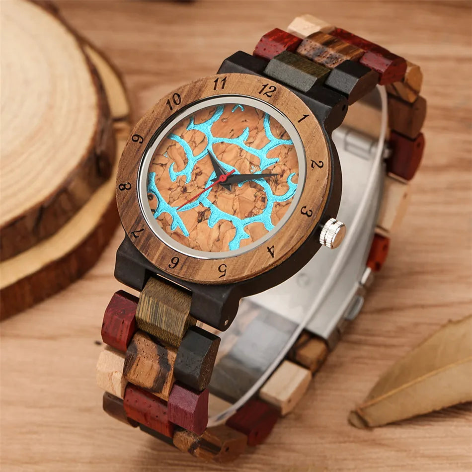 Full Wood Women Bracelet Watch Blue Lava Dial Mixed Color Wooden Watch Band Trend Lady Quartz Wristwatch Female Timepiece