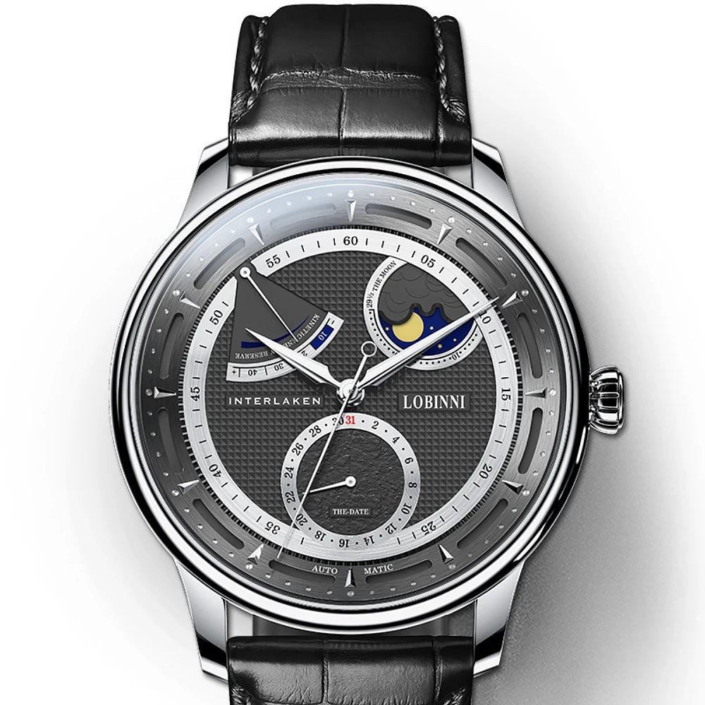 Lobinni Moon Phase Seagull Watch Mechanical Automatic Watches Mens Business Water Resistant Tianjin Movement Male Wristwatch