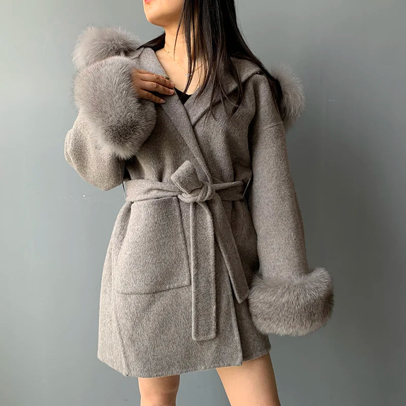 2024 Real Fur Coat Hood Winter Jacket Women 100% Natural Fox Fur Collar Cuffs Cashmere Wool Blend Oversize Outerwear New Loose