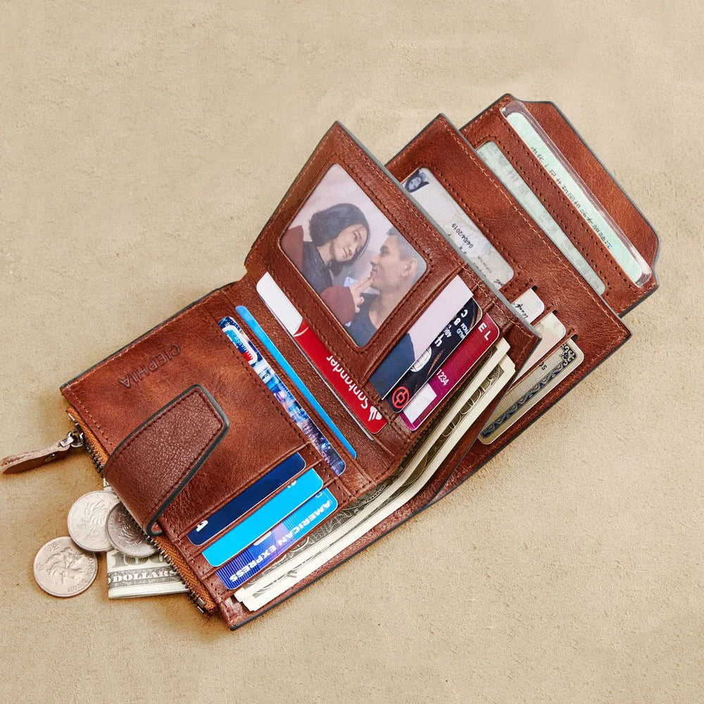 Men's Genuine Leather Wallet Vintage Short Multi Function Business Card Holder RFID Blocking Zipper Coin Pocket Money Clip
