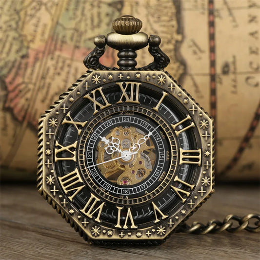 Antique Bronze/Black/Silver/Red Copper Octagon Hollow Roman Numerals Mechanical Pocket Watch Hand Winding Pendant Pocket Clock