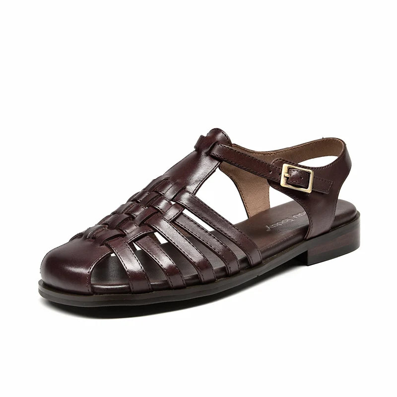 BEAUTODAY Gladiator Sandals Women Genuine Cow Leather Cover Toe Ankle Buckle Strap Ladies Retro Summer Flat Shoes Handmade 33037