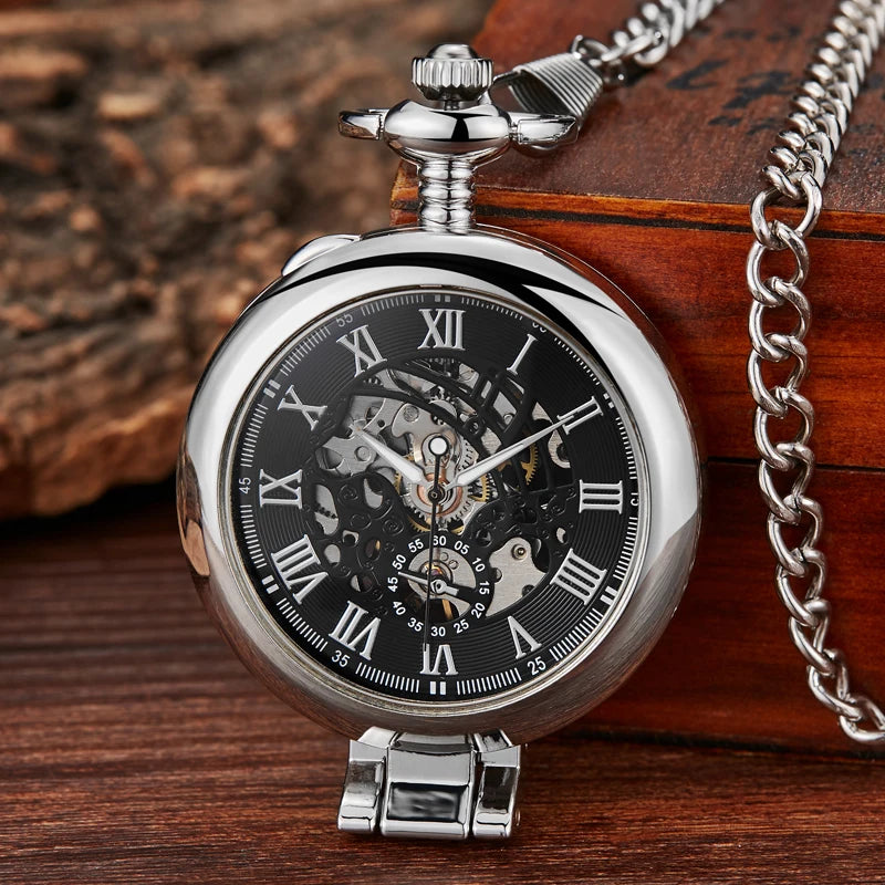 Gorben Transparent Cover Mechanical Pocket Watch Men Fashion Retro Casual Skeleton Dial Silver Hand Wind Male Fob Chain Watches