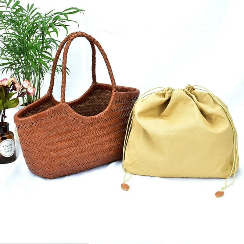 Hand Knitted Designer Genuine Leather Elegant Handle Female Totes Vintage Women's Handbag Cowskin Lady Large Shoulder Bag