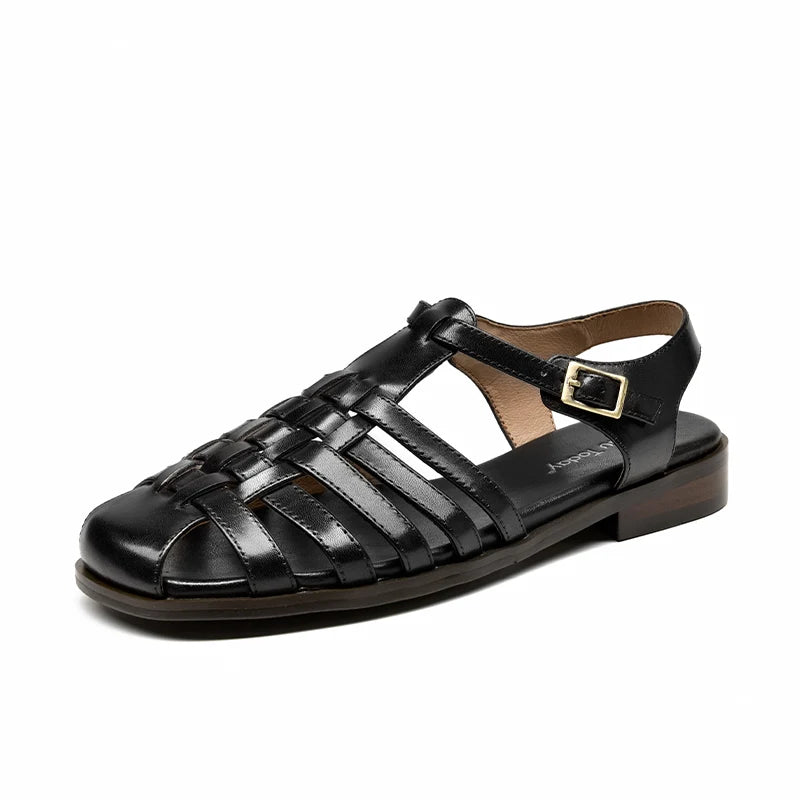 BEAUTODAY Gladiator Sandals Women Genuine Cow Leather Cover Toe Ankle Buckle Strap Ladies Retro Summer Flat Shoes Handmade 33037