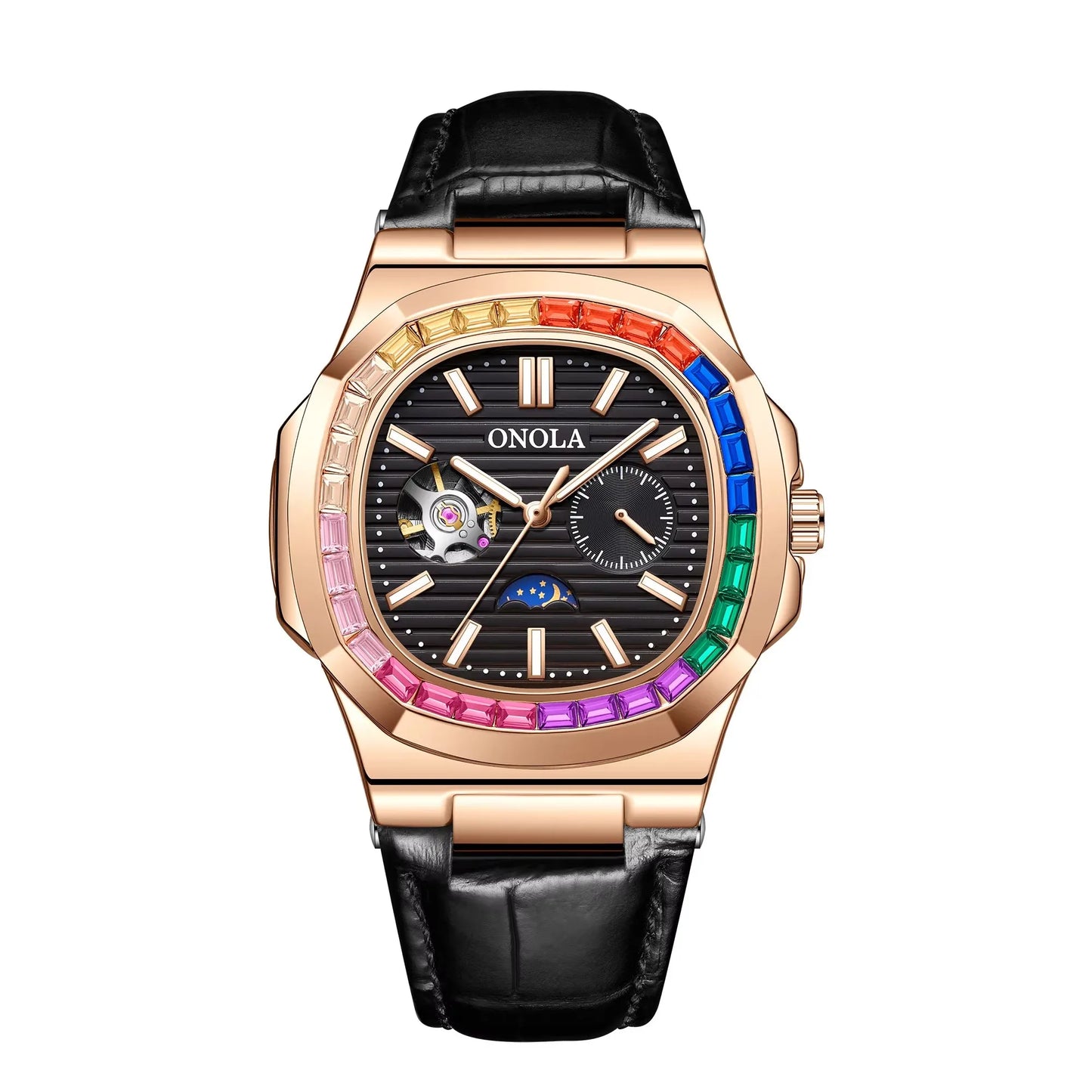 ONOLA 3855CH Fashion Colorful Diamond Hollow Fully Automatic Mechanical Men's and Women's Watches Waterproof Leather Men's Clock