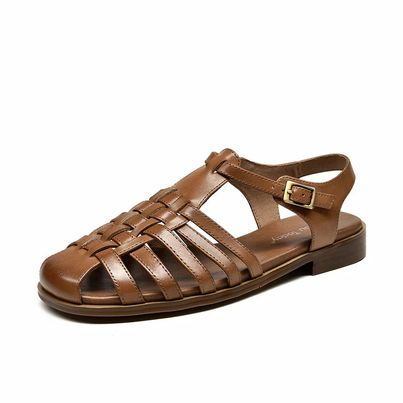 BEAUTODAY Gladiator Sandals Women Genuine Cow Leather Cover Toe Ankle Buckle Strap Ladies Retro Summer Flat Shoes Handmade 33037