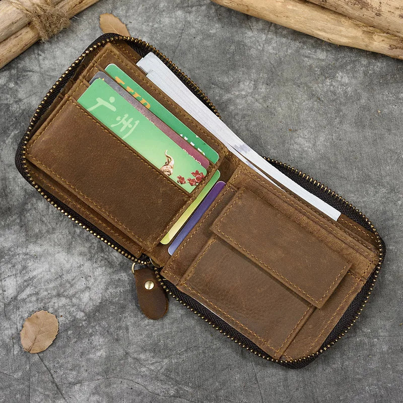 Luufan Genuine Leather Short Wallet Men Women Natural Cowskin Short Purse With Coin Pocket Zipper Around Card Purse Small Wallet