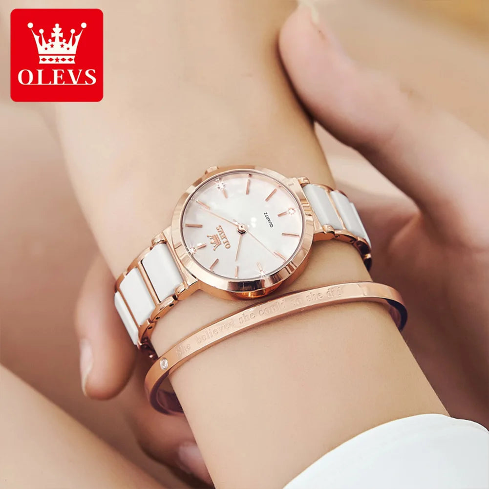 OLEVS Brand 5877 Japan Movement Fashionable Business Watch Ladies Waterproof Ceramic Women's Watches Quartz Wrist Watch