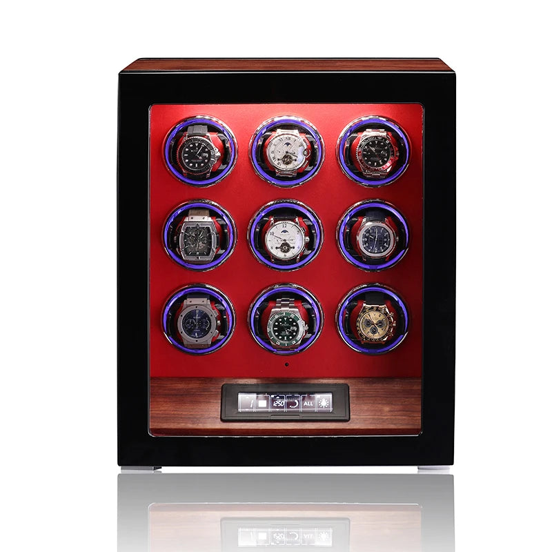Embers Wooden Watch Winder 9 Watches Box Storage Collect Vertical Shaker Mechanical Watch Winding Touch Screen With Fingerprint