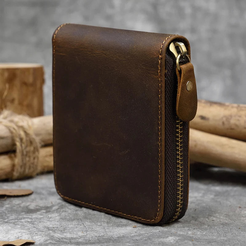 Luufan Genuine Leather Short Wallet Men Women Natural Cowskin Short Purse With Coin Pocket Zipper Around Card Purse Small Wallet