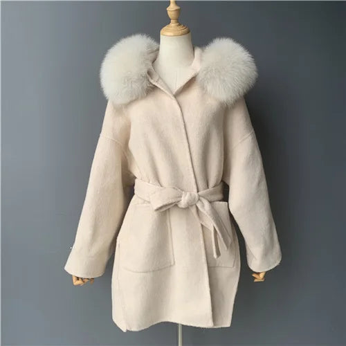 2024 Real Fur Coat Hood Winter Jacket Women 100% Natural Fox Fur Collar Cuffs Cashmere Wool Blend Oversize Outerwear New Loose