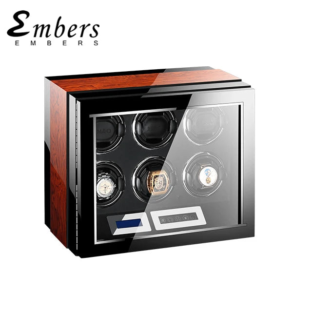 Luxury Mechanical Watch Winder Boxes Wood Smart Watches Box 6 Slots LED Display