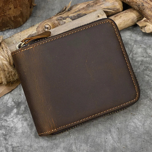 Luufan Genuine Leather Short Wallet Men Women Natural Cowskin Short Purse With Coin Pocket Zipper Around Card Purse Small Wallet