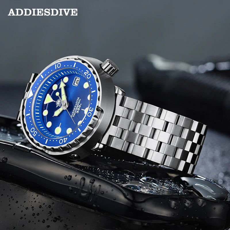 ADDIESDIVE Tuna Series Watch Blue Dial 316L Stainless Steel Watch Sapphire Crystal 300m Diving Watch C3 Super Luminous Hands