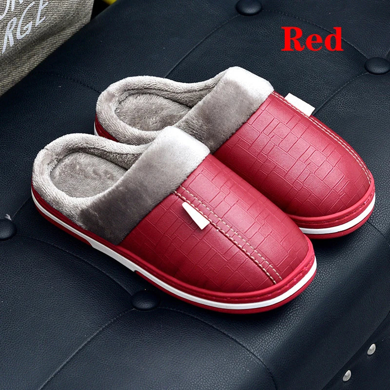 New Women Winter Slippers Indoor PU Leather Waterproof Cotton slippers Warm Home Fur Couple Non-slip Slipper Platform Shoes