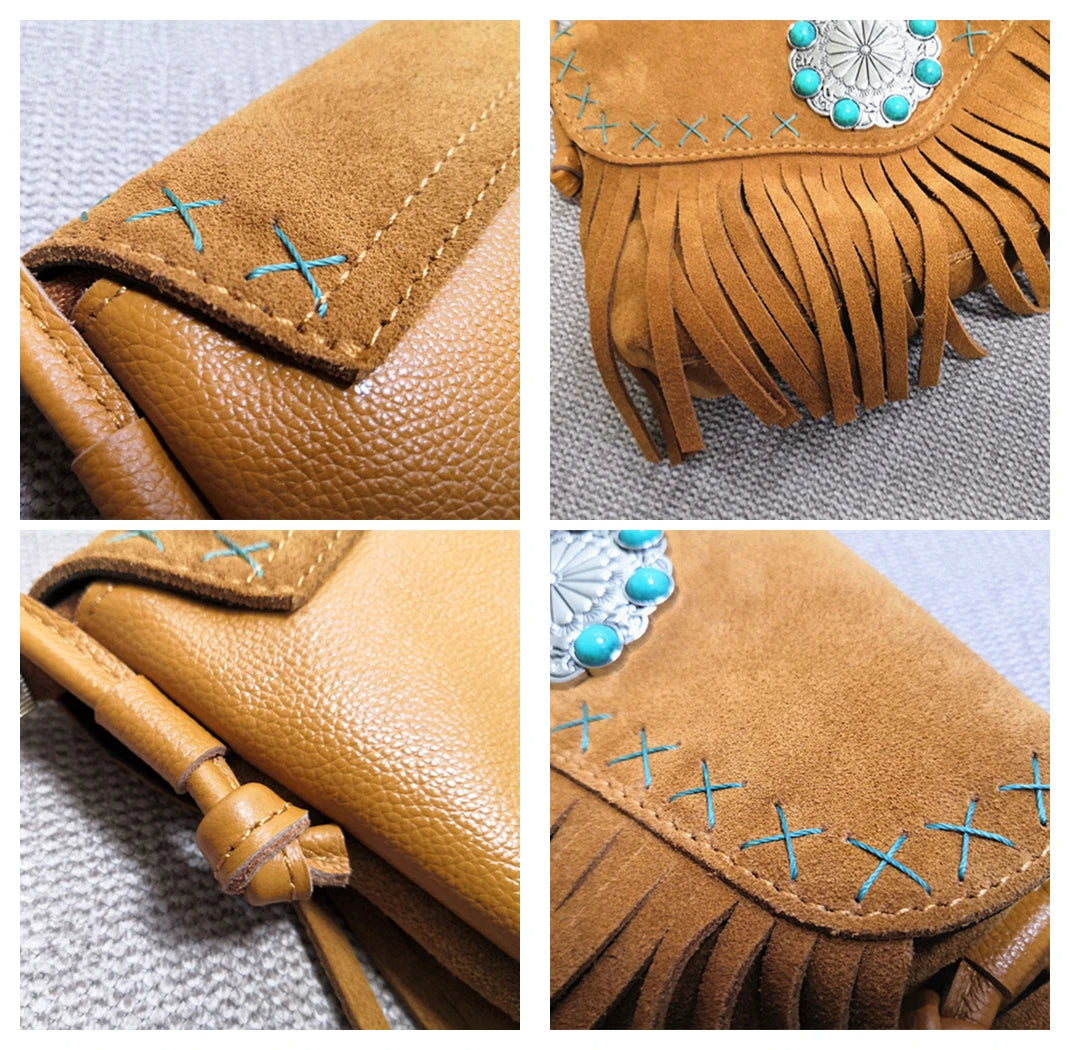 Female Genuine Leather Bohemian Gypsy Handbag 2025 Fashion Natural Suede Fringes Tribal Boho Chic Small Messenger Bag for Women