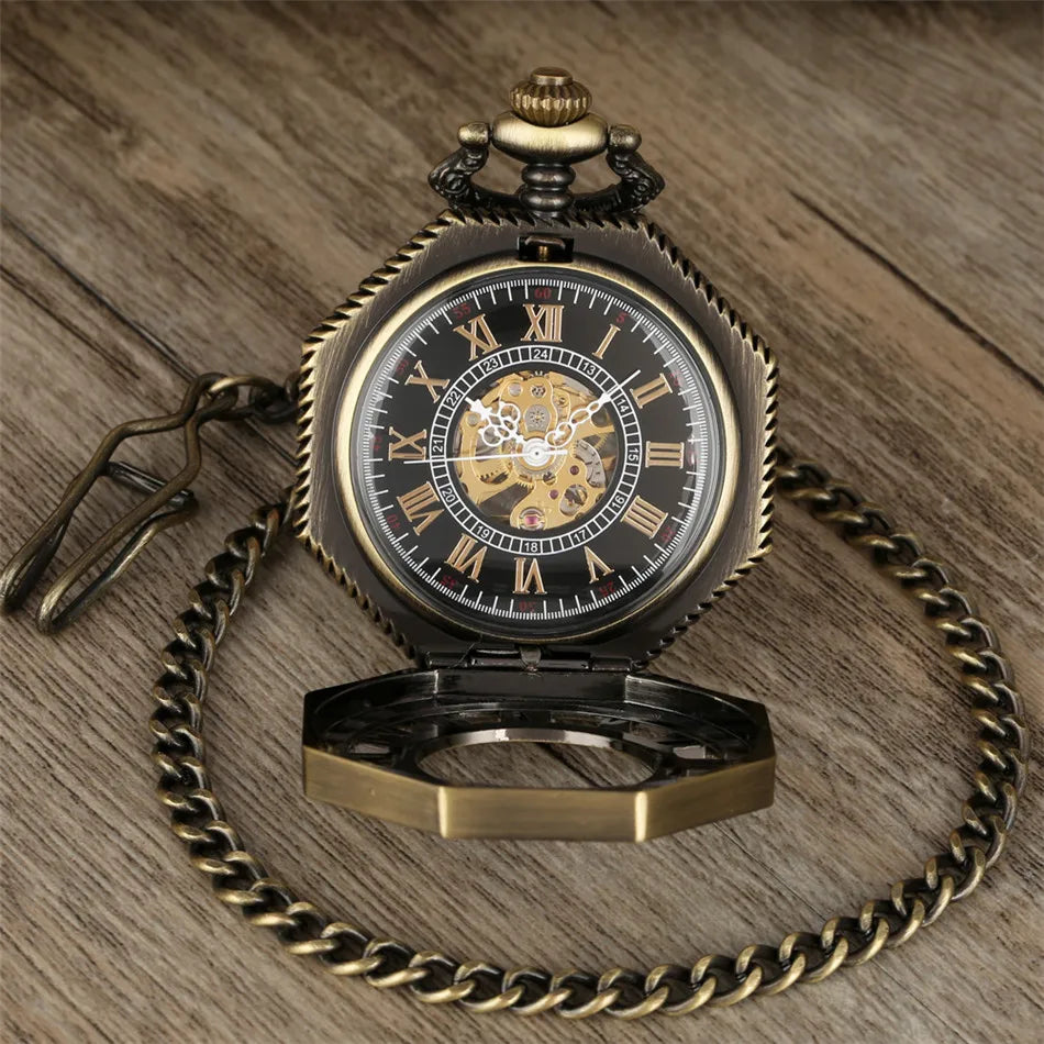 Antique Bronze/Black/Silver/Red Copper Octagon Hollow Roman Numerals Mechanical Pocket Watch Hand Winding Pendant Pocket Clock