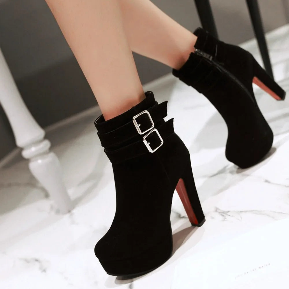 Lasyarrow Wholesale Ankle Boots Thick High Heels Women Boots Sexy Buckle Round Toe Platform Ladies Shoes Large Sizes 34-50