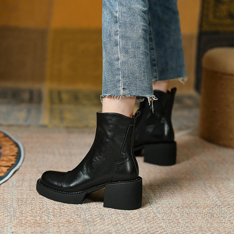 FEDONAS Retro Mature Female Concise Women Ankle Boots Genuine Leather Thick Heels Autumn Winter Side Zipper Office Shoes Woman