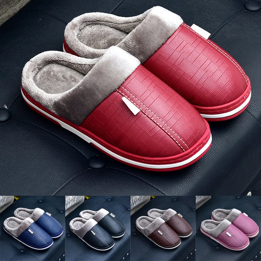 New Women Winter Slippers Indoor PU Leather Waterproof Cotton slippers Warm Home Fur Couple Non-slip Slipper Platform Shoes