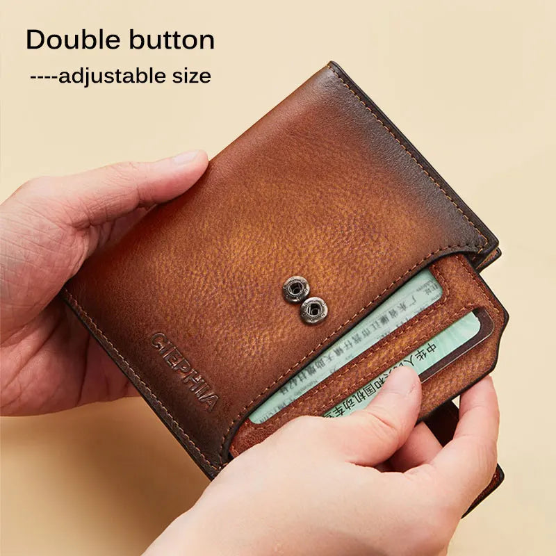 Men's Genuine Leather Wallet Vintage Short Multi Function Business Card Holder RFID Blocking Zipper Coin Pocket Money Clip