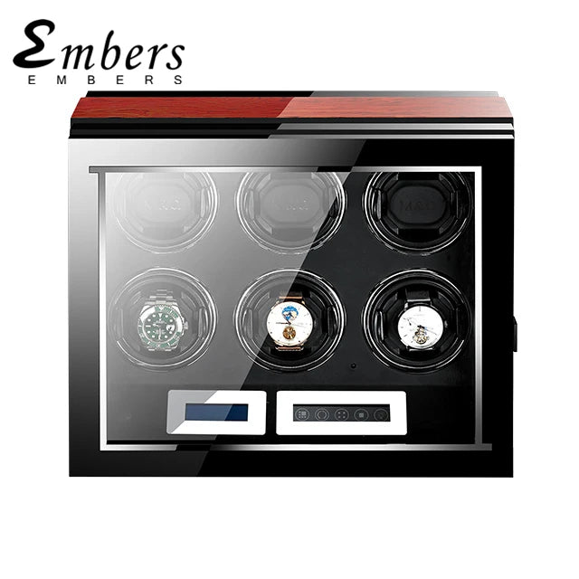 Luxury Mechanical Watch Winder Boxes Wood Smart Watches Box 6 Slots LED Display
