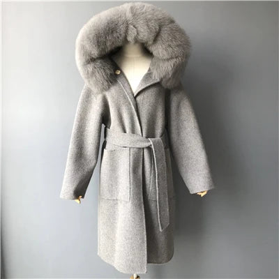 2024 Real Fur Coat Hood Winter Jacket Women 100% Natural Fox Fur Collar Cuffs Cashmere Wool Blend Oversize Outerwear New Loose