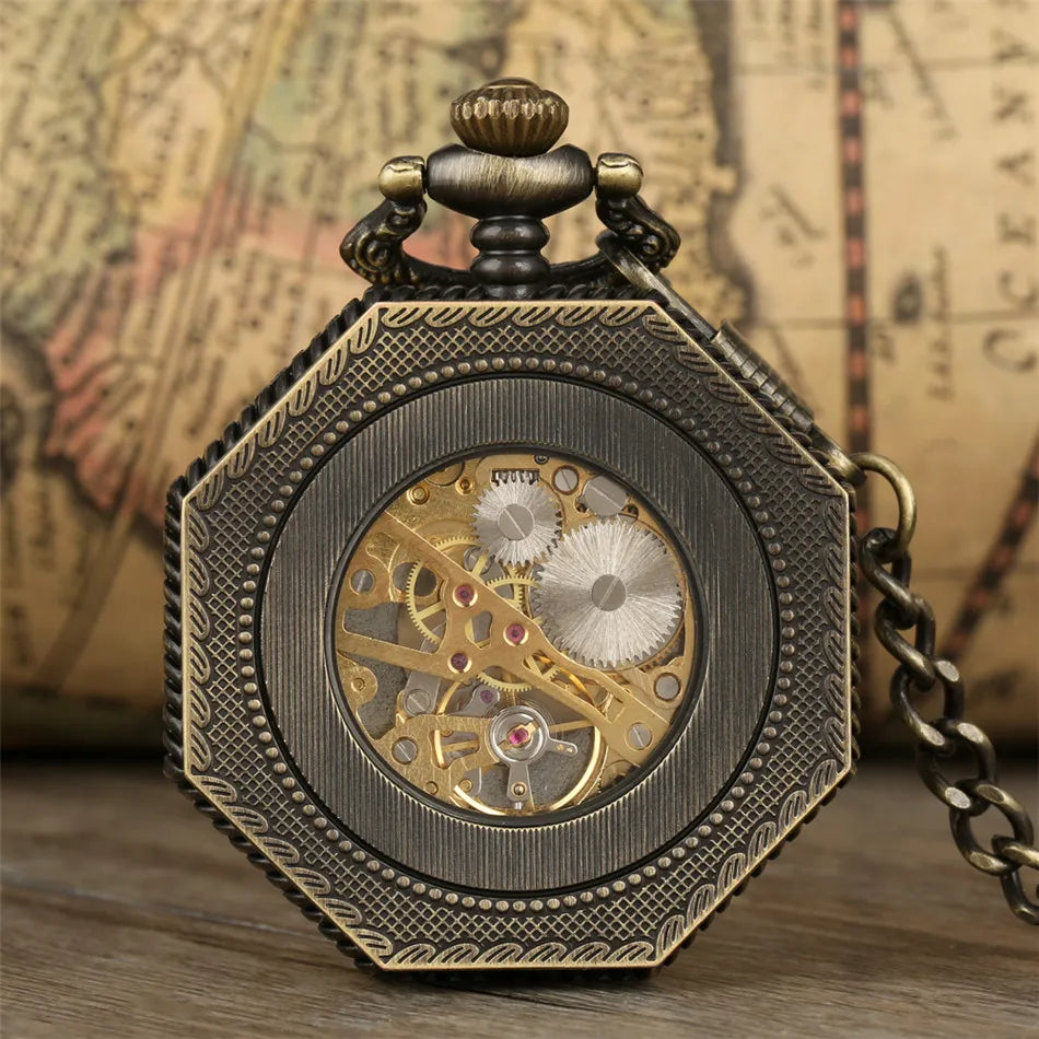 Antique Bronze/Black/Silver/Red Copper Octagon Hollow Roman Numerals Mechanical Pocket Watch Hand Winding Pendant Pocket Clock