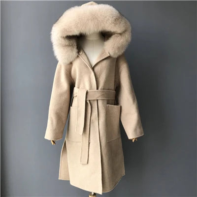 2024 Real Fur Coat Hood Winter Jacket Women 100% Natural Fox Fur Collar Cuffs Cashmere Wool Blend Oversize Outerwear New Loose