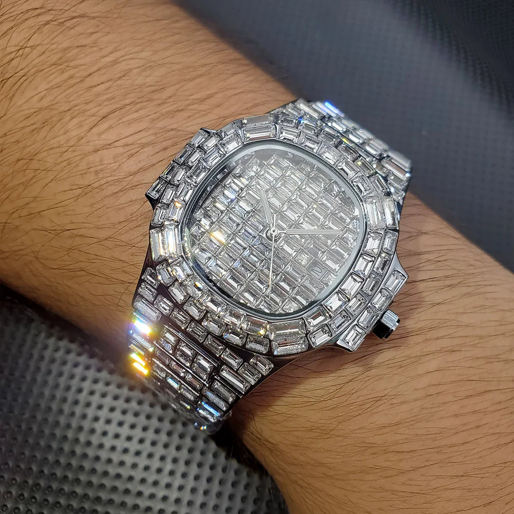 MISSFOX New Ice Out Watches For Men Top Brand Stainless Steel Automaitc Date Clock Fashion Hip Hop Full Diamond Bling Watch Male