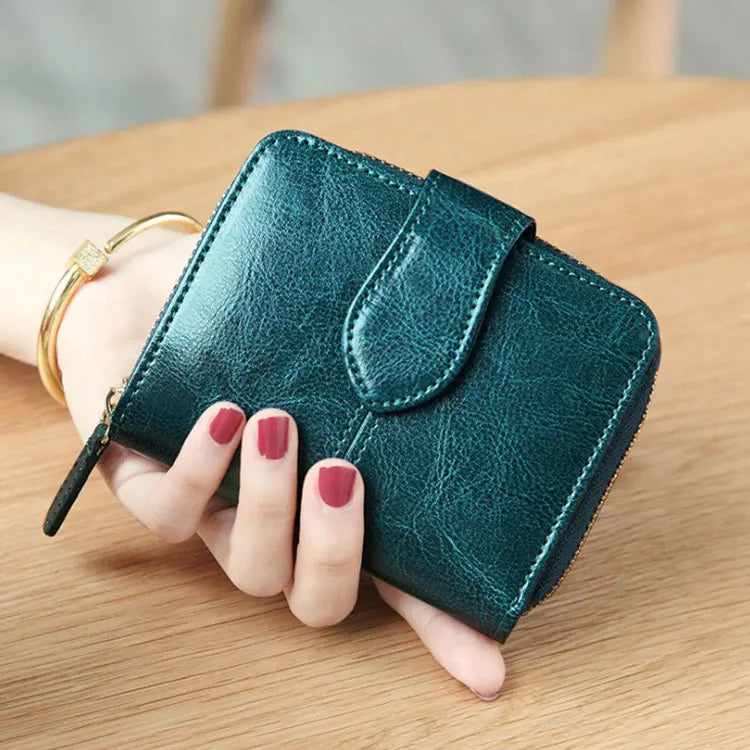 Billfold Oil Wax Genuine Leather Wallets Women Short Mini Clutch Purse Soild Coin Pocket Credit Card Holder Cowhide Bag