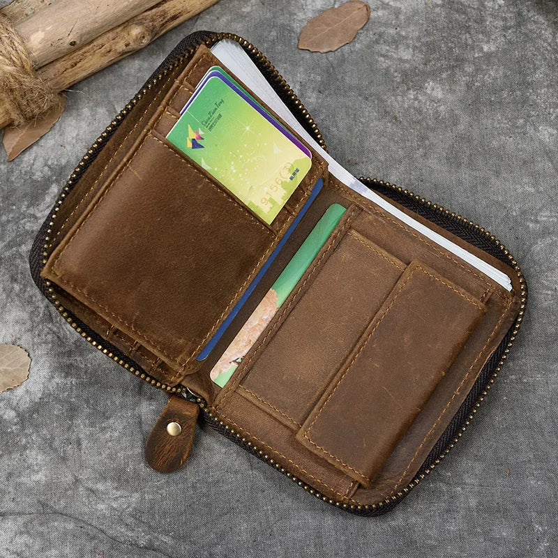 Luufan Genuine Leather Short Wallet Men Women Natural Cowskin Short Purse With Coin Pocket Zipper Around Card Purse Small Wallet