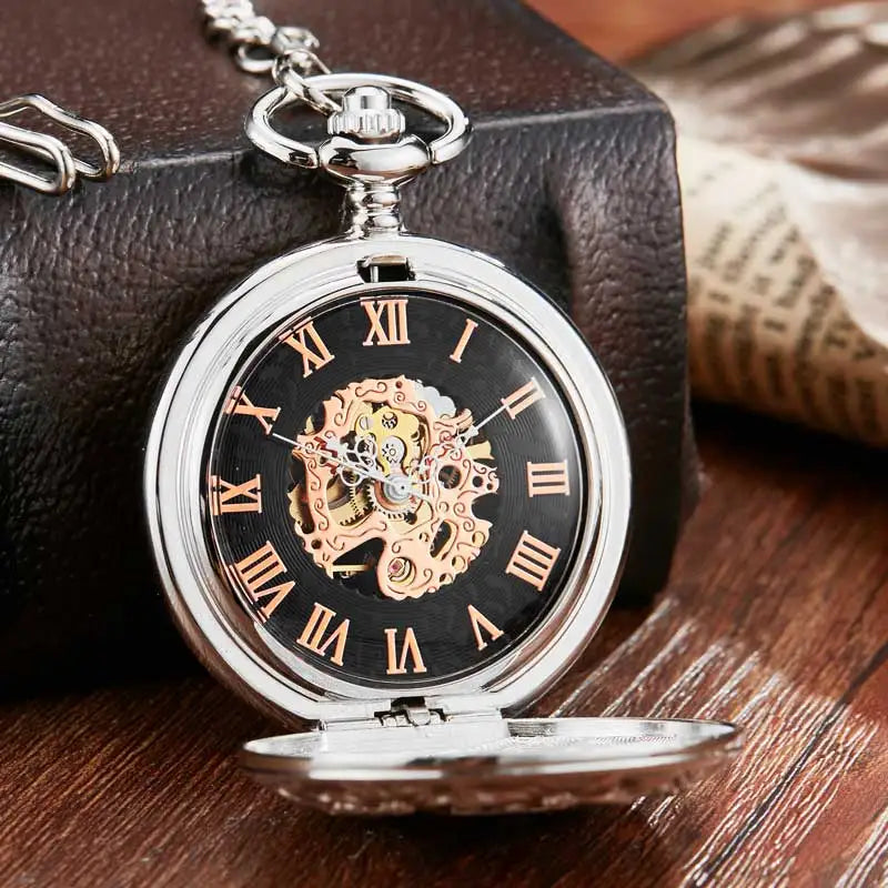 Retro Mechanical Pocket Watch Red Cross Hand-winding Silver Edelweiss Sculpture Hollow Vintage Skeleton Watches Men FOB Chain